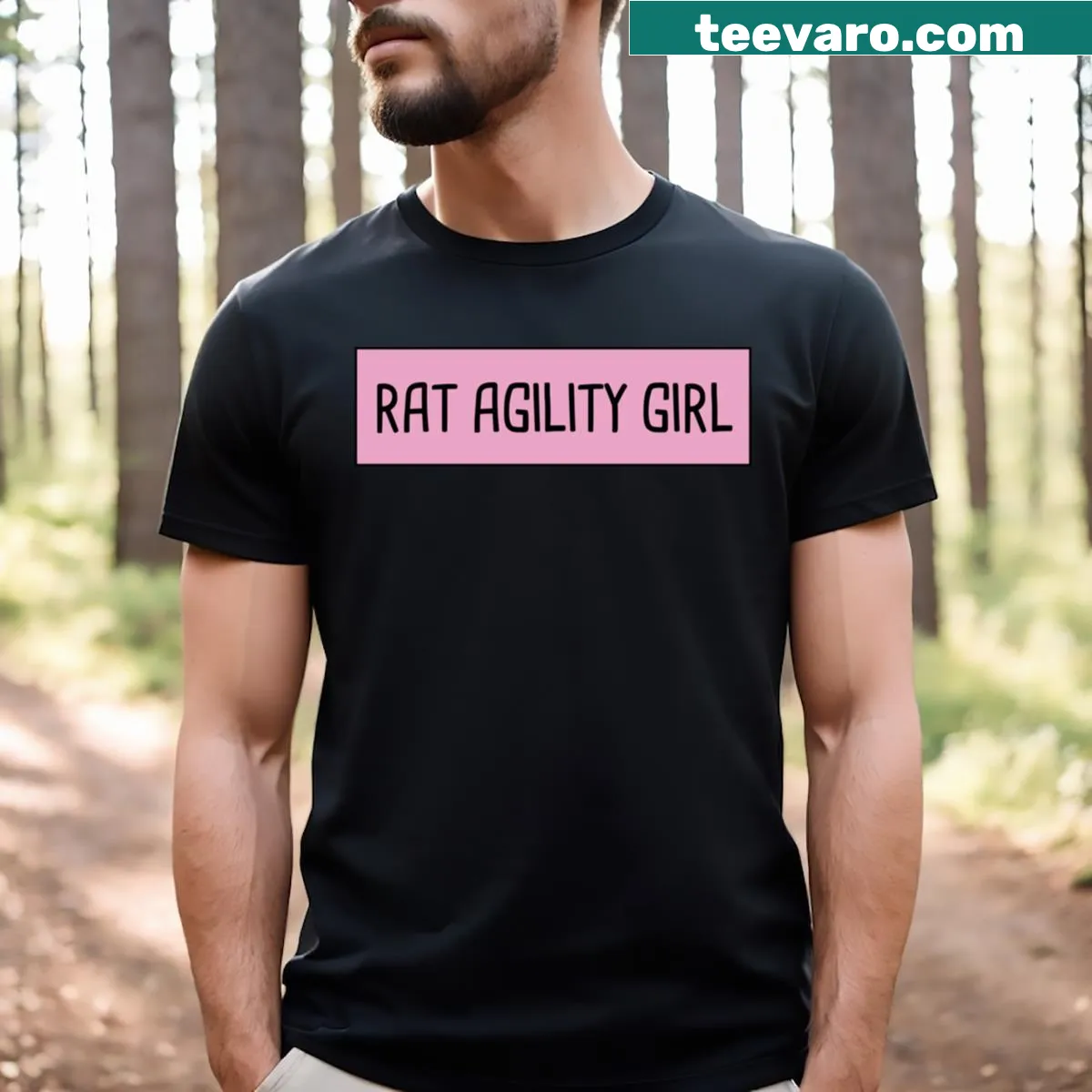 Illustrated T-shirt featuring a rat navigating agility course obstacles — on a men's t-shirt