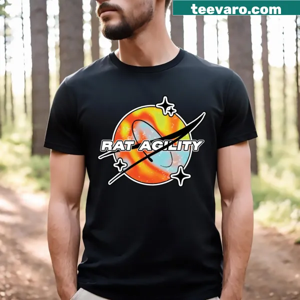 Cartoon T-shirt featuring playful rats in a colorful space theme
