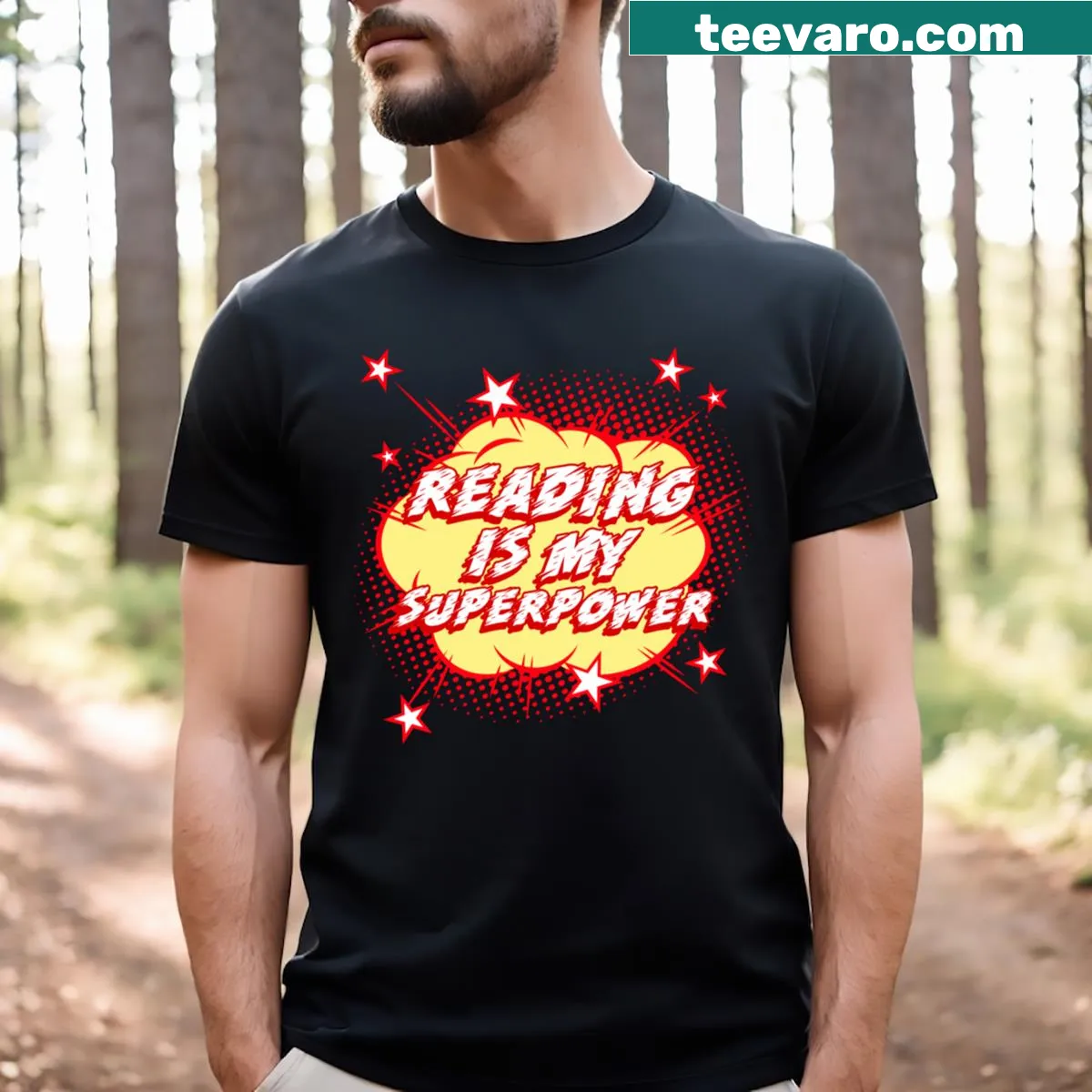 Inspirational typography t-shirt with the phrase 'Reading Is My Superpower' — on a men's t-shirt