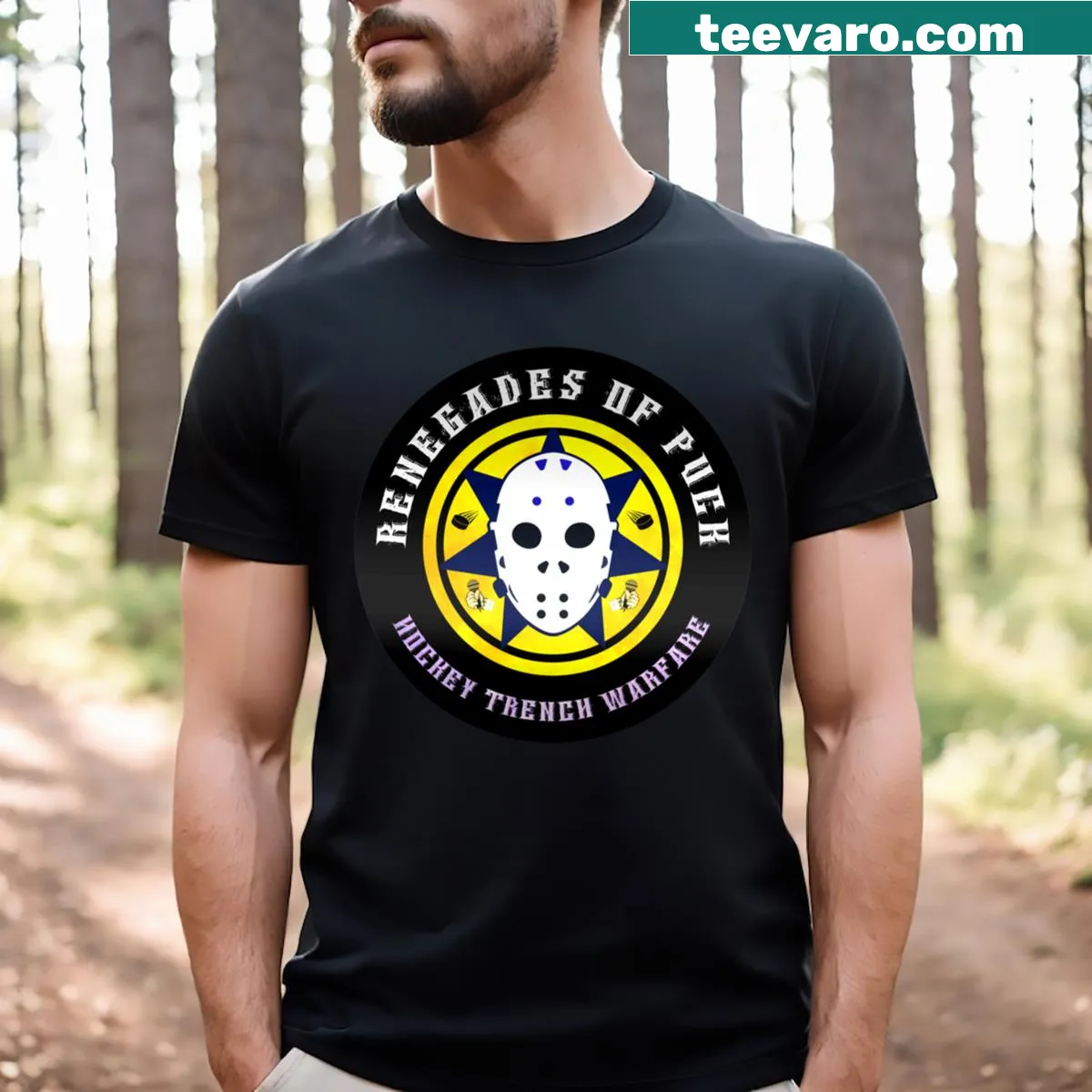 Hockey-themed T-shirt with 'Renegades Of Puck' emblem — on a men's t-shirt