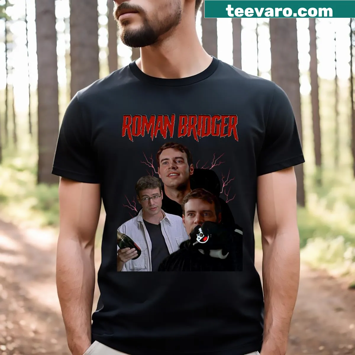 Whimsical cartoon T-shirt featuring Romab Bridger in a playful scream — on a men's t-shirt