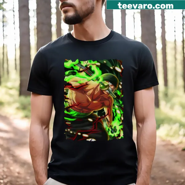 Vintage distressed T-shirt featuring iconic imagery of Roronoa Zoro