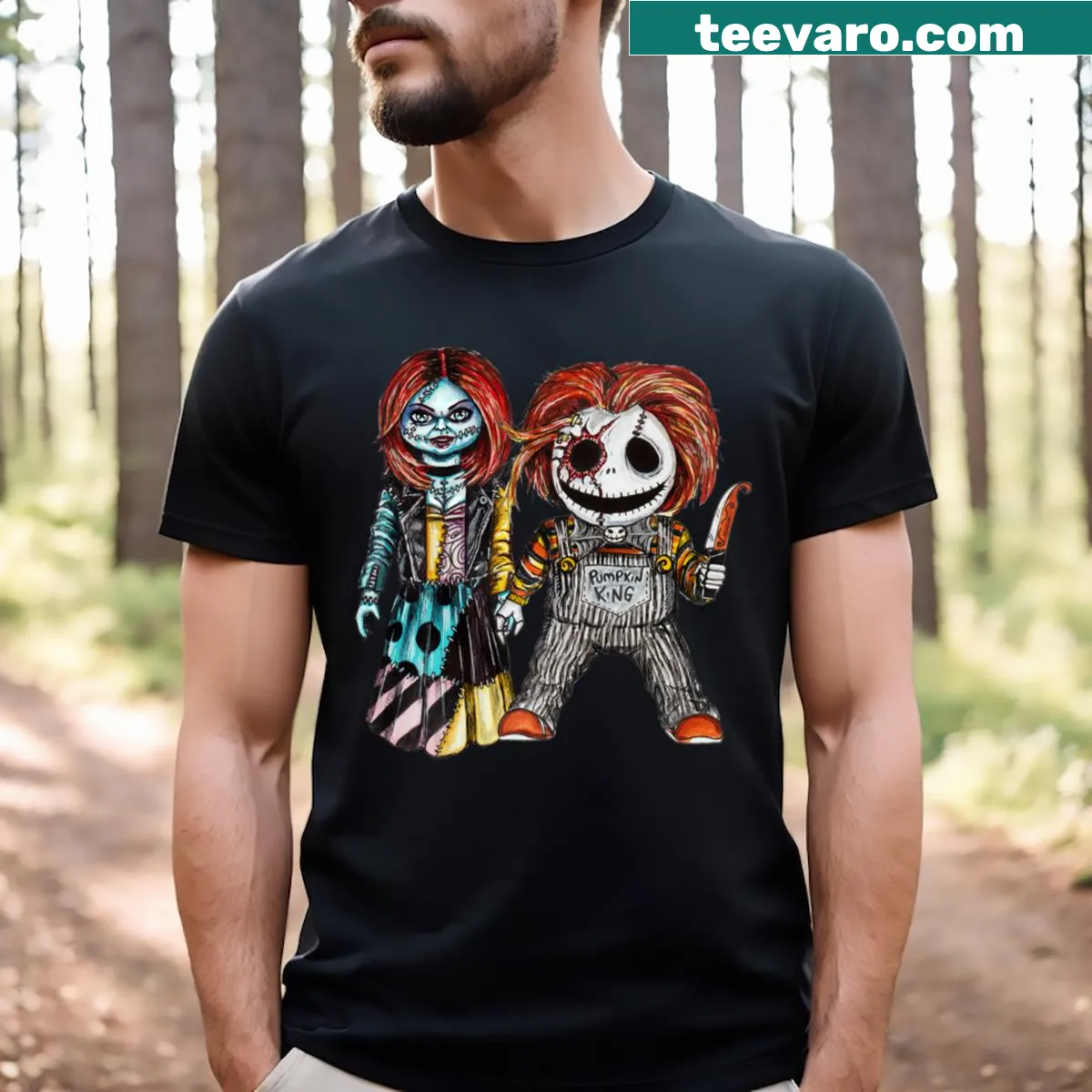 Cartoon-style T-shirt featuring Sally Valentine and Chuck Skellington — on a men's t-shirt