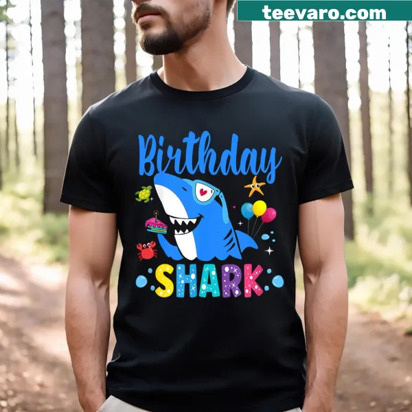 Playful shark-themed T-shirt for toddlers celebrating birthdays