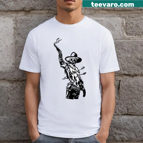 T-shirt featuring a skeleton cowboy graphic