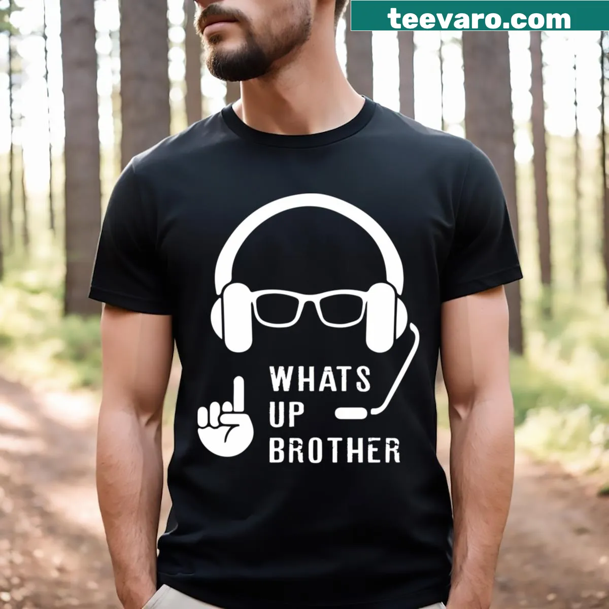 Cartoon streamer graphic with headset and humorous text on T-shirt — on a men's t-shirt
