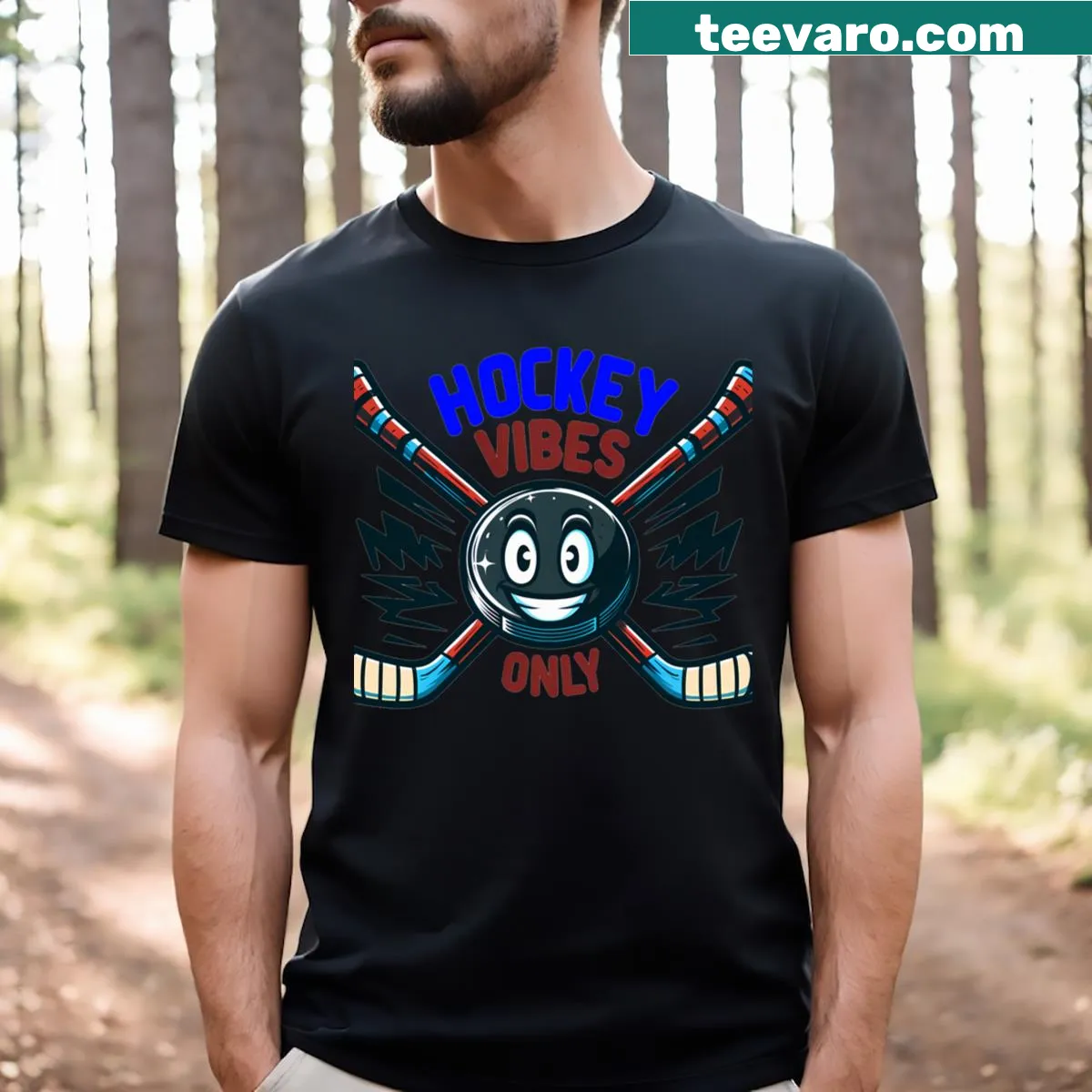 Cartoon design T-shirt featuring a smiling hockey puck — on a men's t-shirt