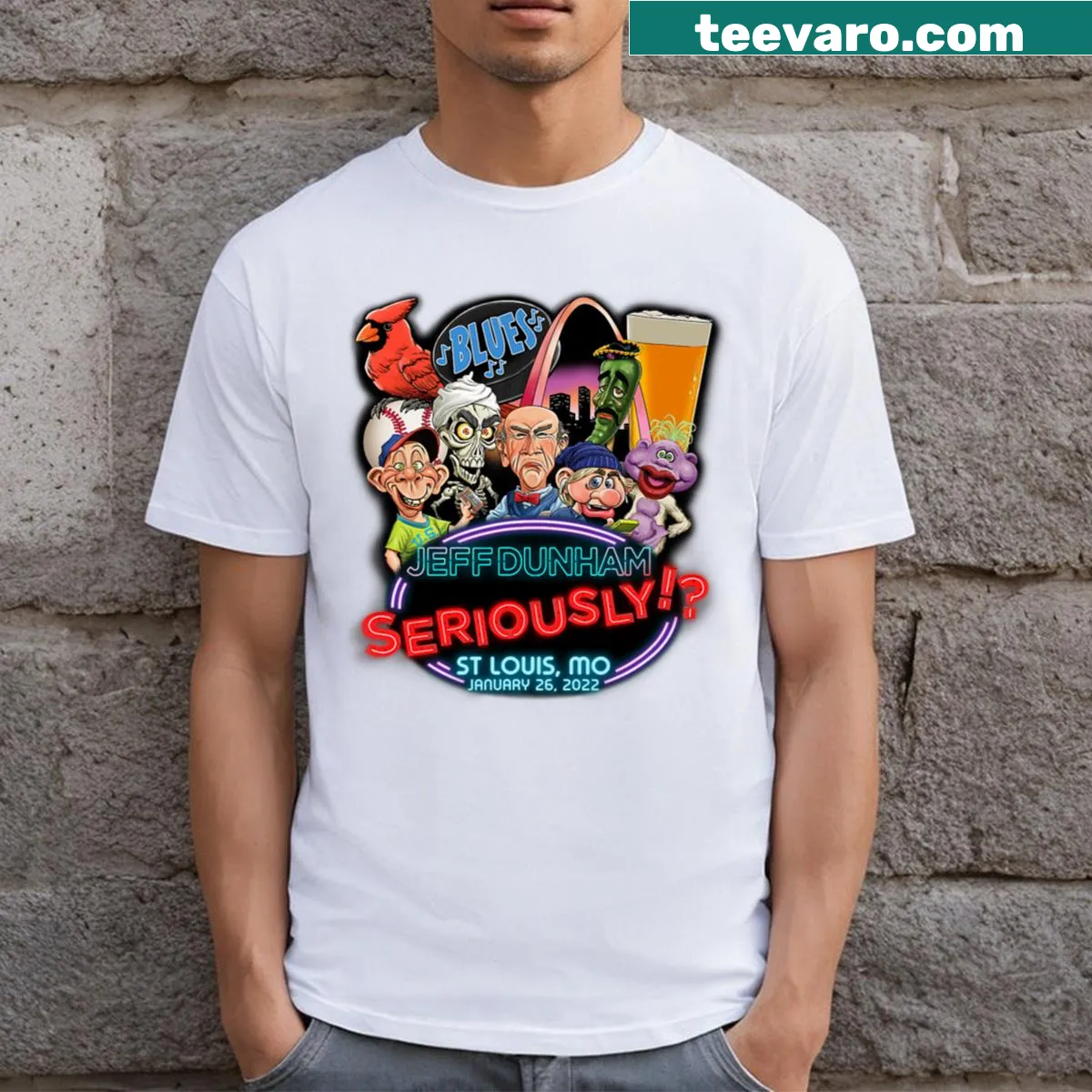 Typographical St. Louis, MO T-shirt for locals and visitors. — on a men's t-shirt