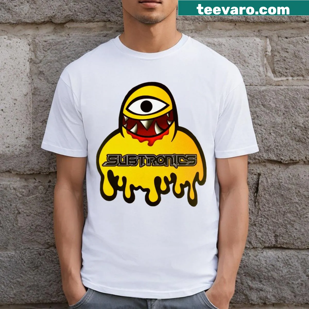 Illustrative T-shirt inspired by electronic music and Subtronics — on a men's t-shirt