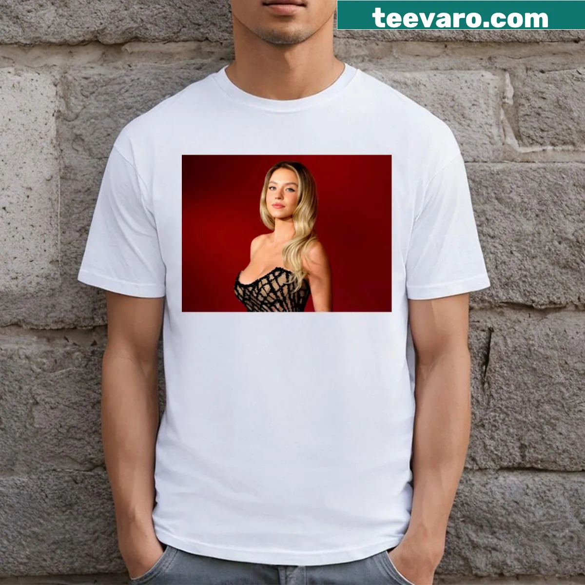 Stylish T-shirt featuring an artistic graphic inspired by Sydney Sweeney — on a men's t-shirt