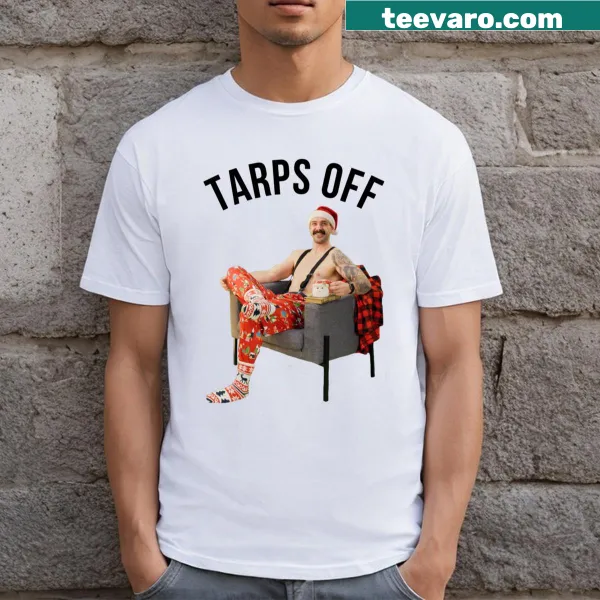 Fun T-shirt with the phrase 'Tarps Off' celebrating summer vibes.