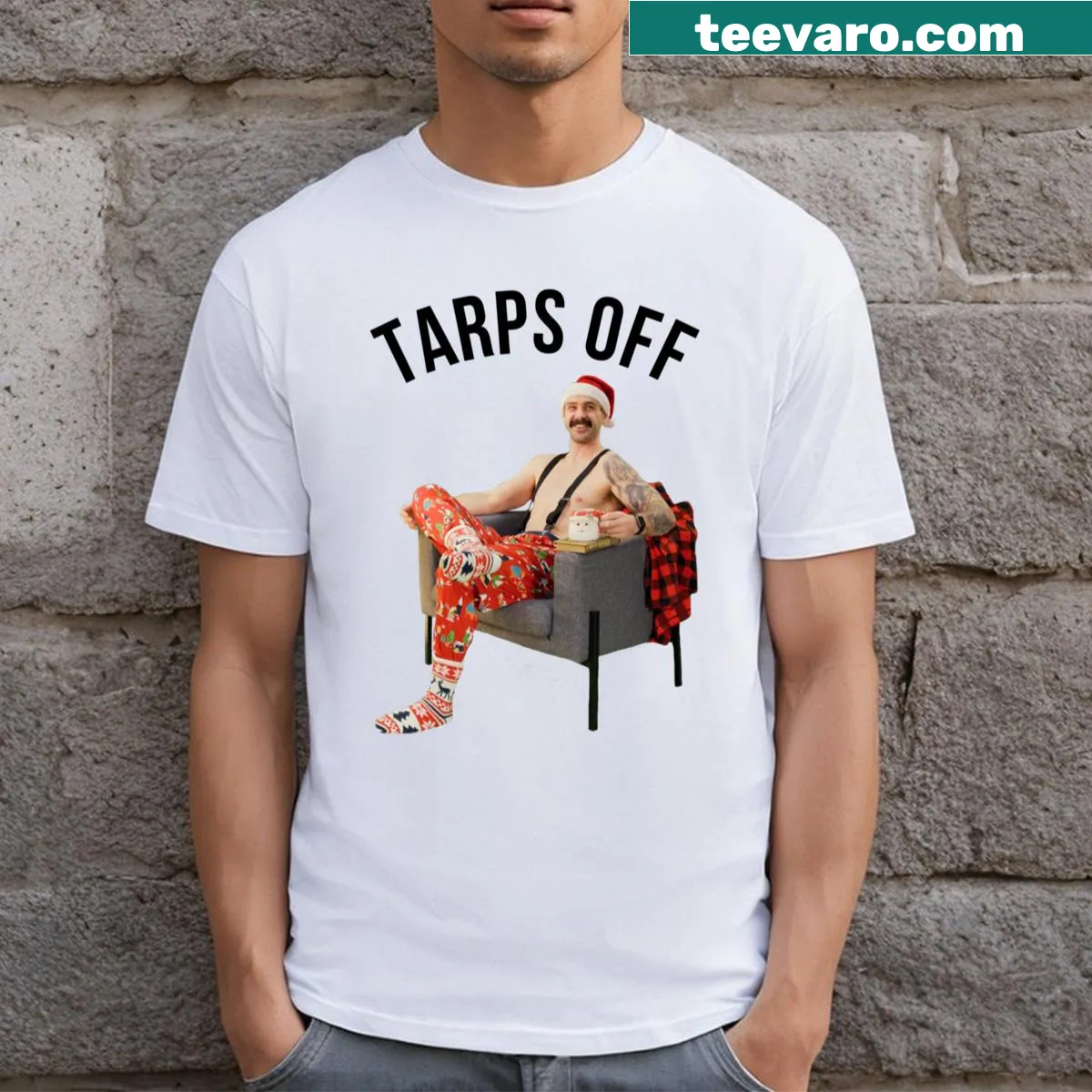 Fun T-shirt with the phrase 'Tarps Off' celebrating summer vibes. — on a men's t-shirt