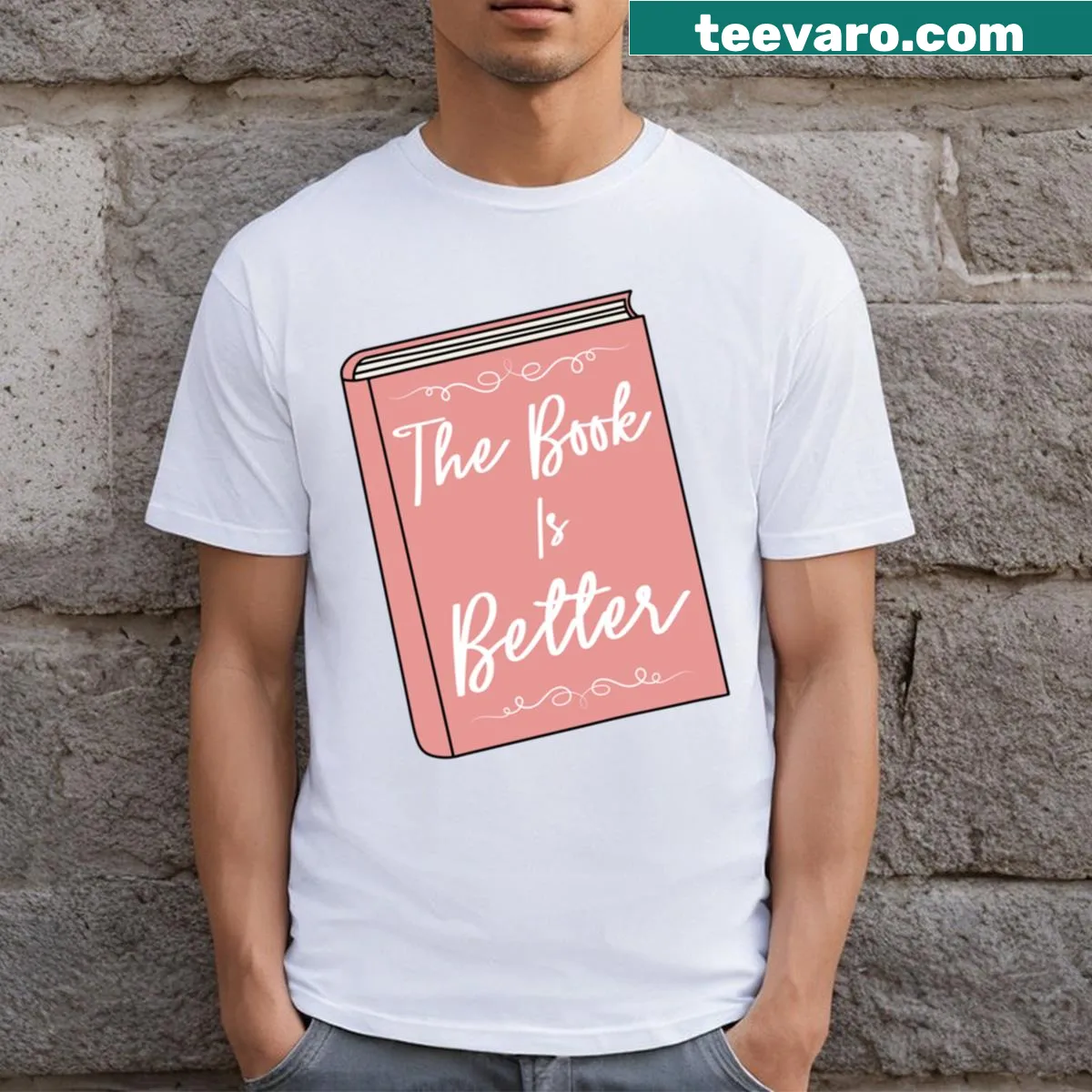 T-shirt with a message promoting the love of books over movies — on a men's t-shirt