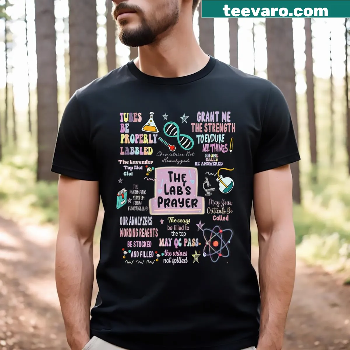 Heartfelt T-shirt featuring a prayer for medical laboratory scientists — on a men's t-shirt