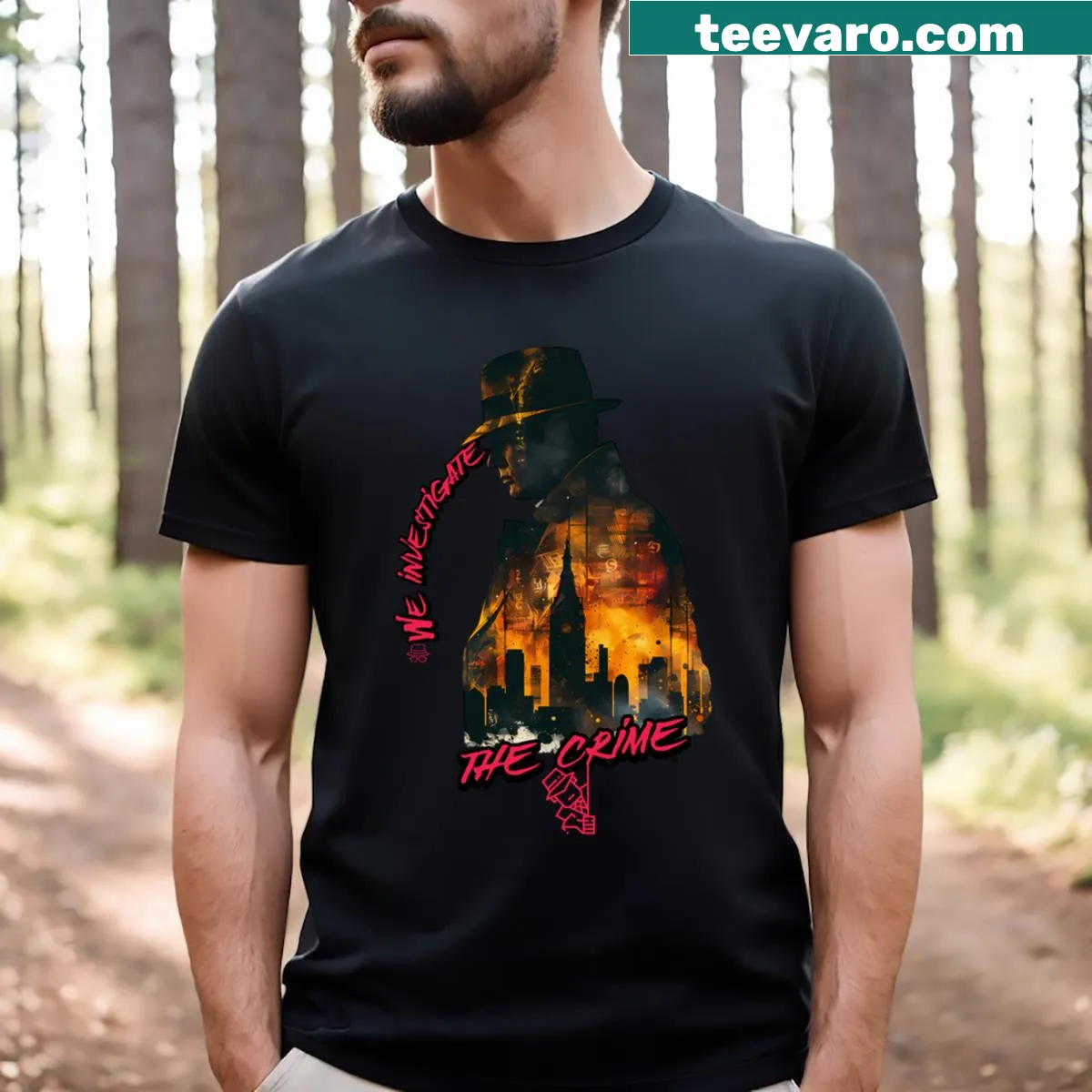 Intricate night detective graphic featuring shadows and nocturnal elements. — on a men's t-shirt
