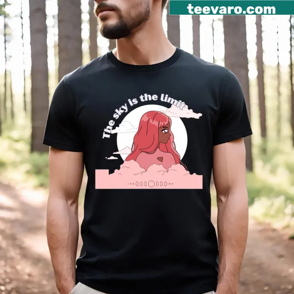 Motivational typography T-shirt stating 'The Sky Is The Limit.'