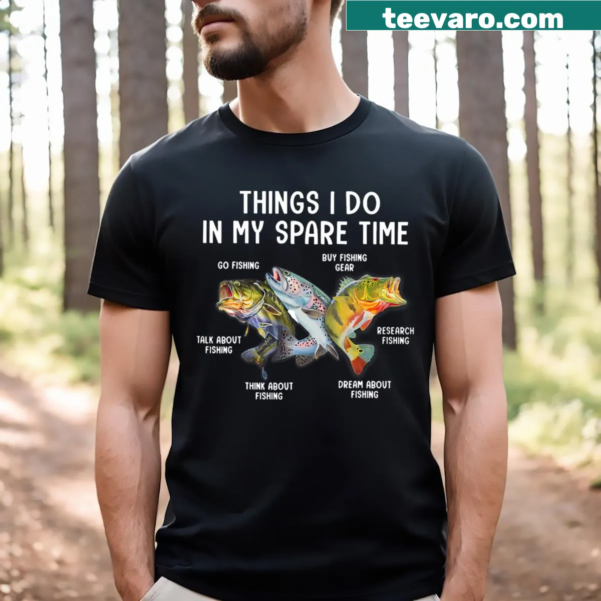 Funny fishing T-shirt listing spare time activities for anglers — on a men's t-shirt