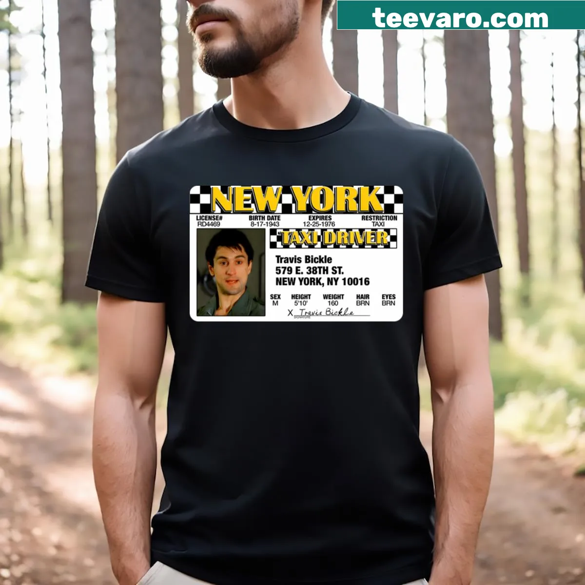 Travis Bickle Taxi License T-shirt with nostalgic design — on a men's t-shirt