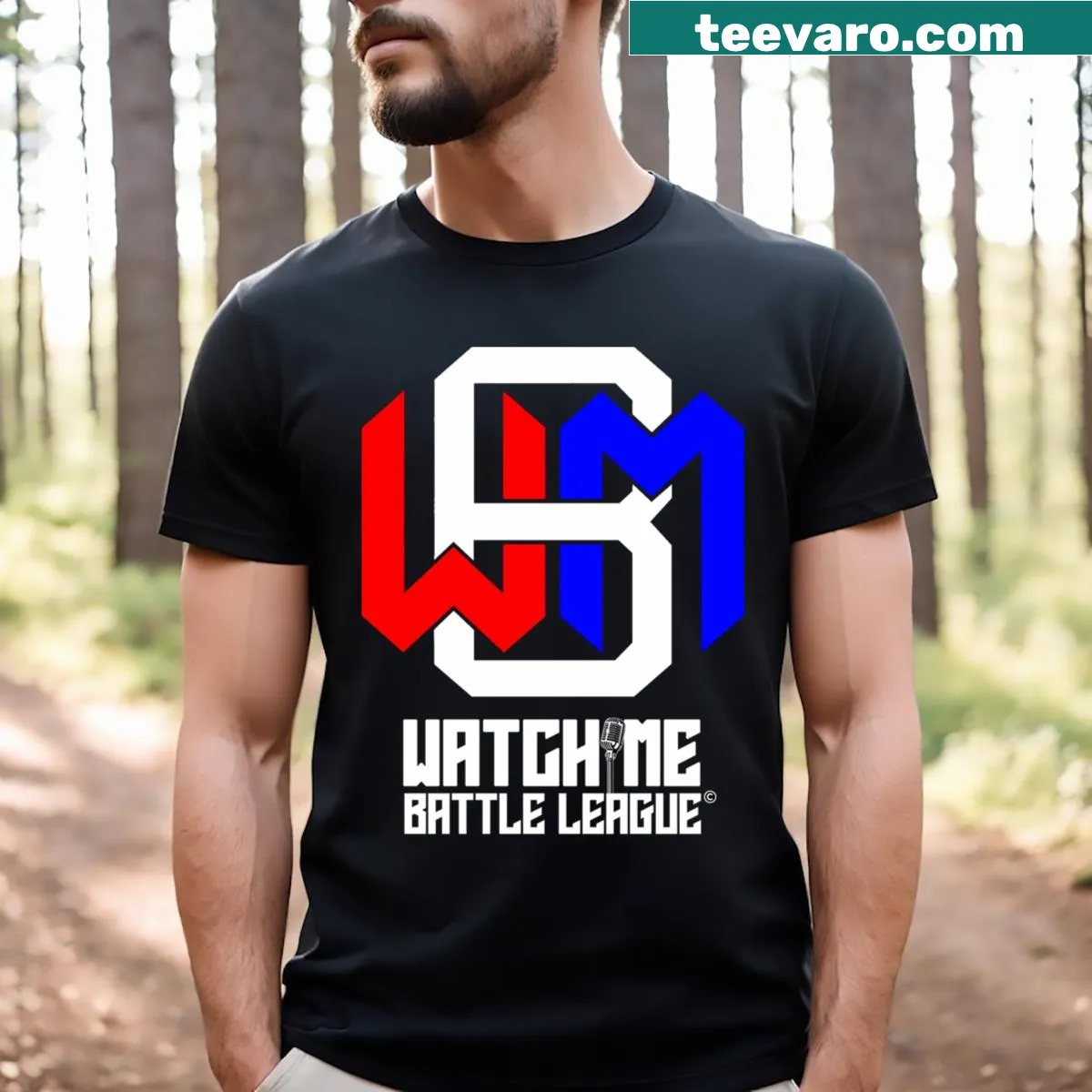 Patriotic badge design for Watchme Battle League supporters — on a men's t-shirt