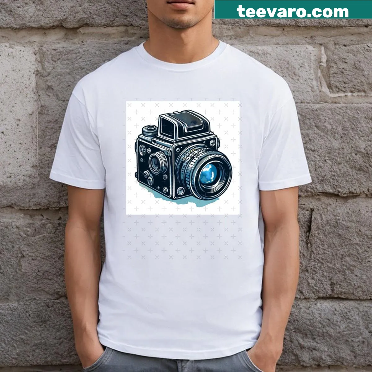 Watercolor Hasselblad film camera t-shirt with artistic design — on a men's t-shirt