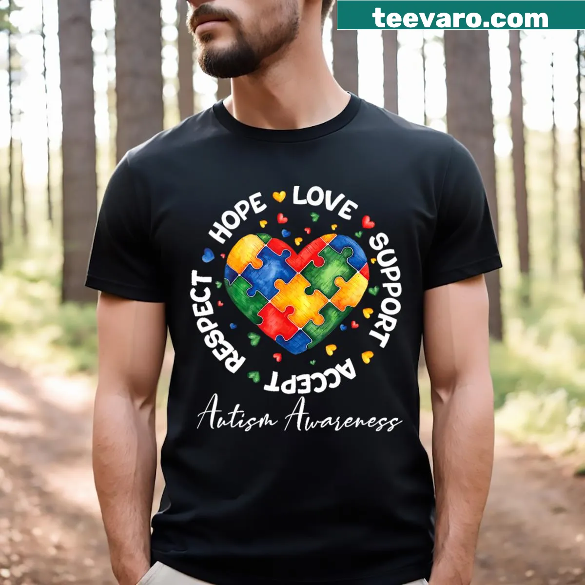 V-neck t-shirt with heart and puzzle pieces design for autism awareness — on a men's t-shirt