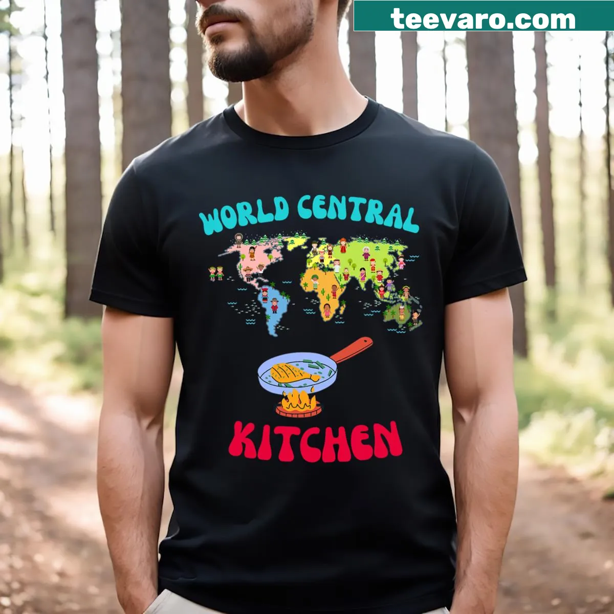Retro design supporting World Central Kitchen on a groovy T-shirt — on a men's t-shirt