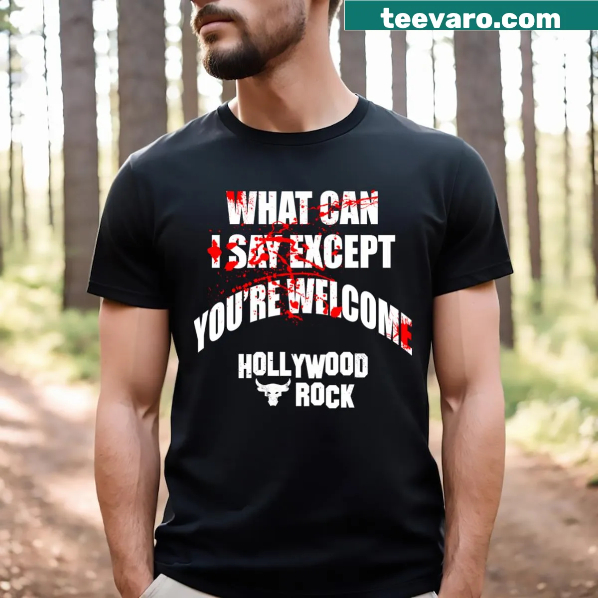 Music-themed t-shirt with the phrase 'You're Welcome Hollywood' — on a men's t-shirt