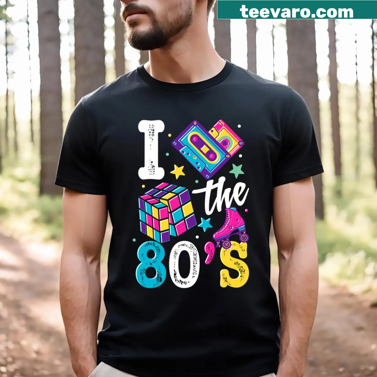 T-shirt celebrating 80's fashion and party supplies — on a men's t-shirt