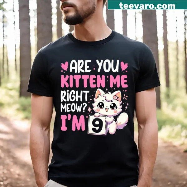 Cute T-shirt for 9th birthday featuring a kitten and cheerful text
