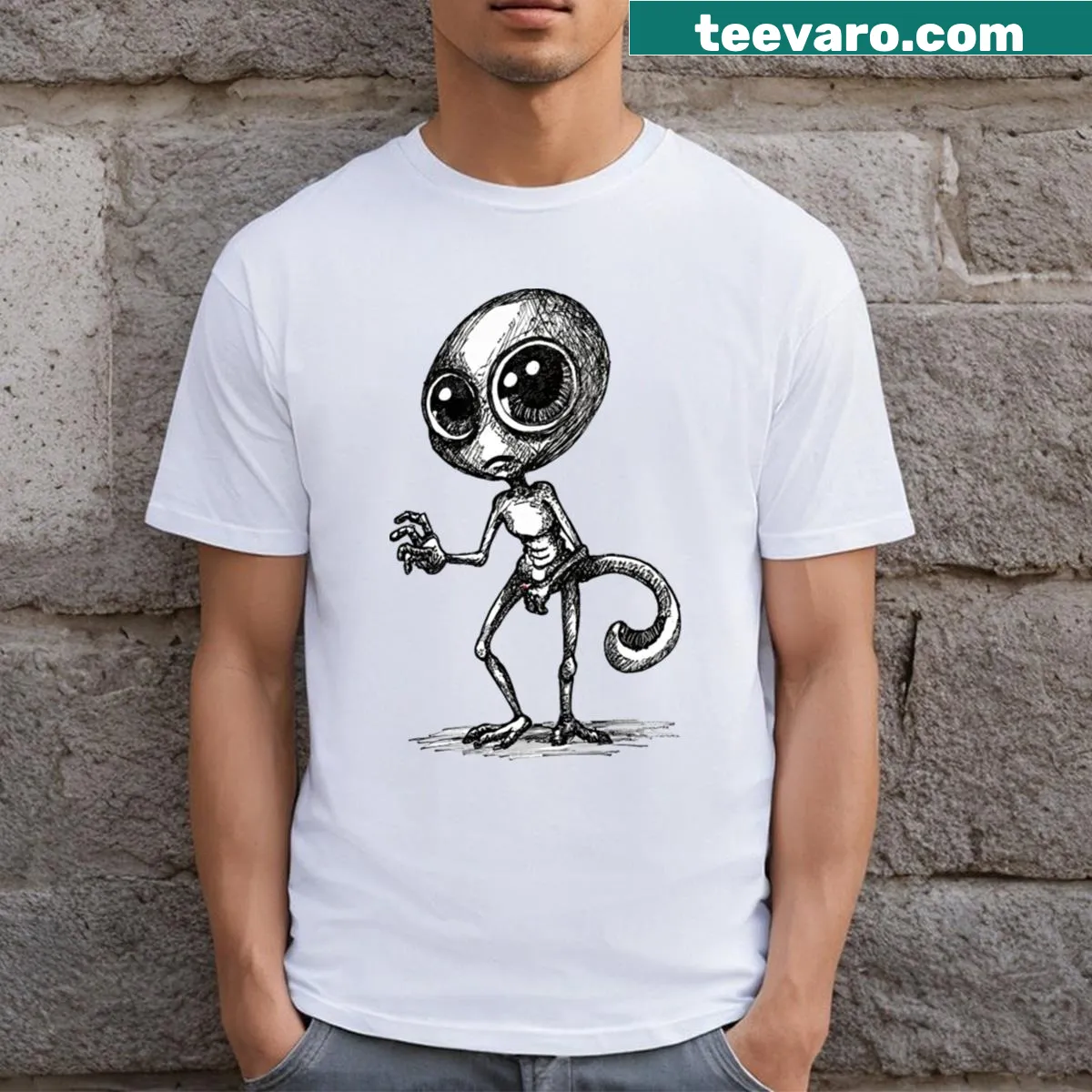 Cartoon Alien Sketch T-shirt featuring a friendly extraterrestrial design — on a men's t-shirt