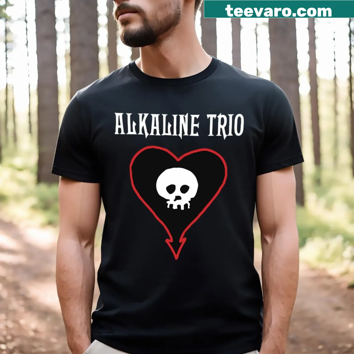 Alkaline Trio band logo T-shirt featuring a bold emblem design — on a men's t-shirt