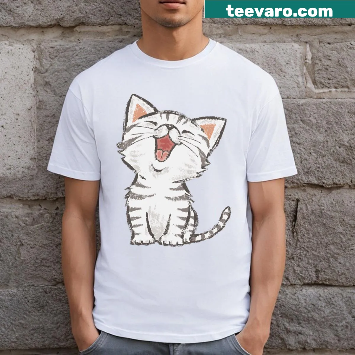 Cheerful illustration of an American Shorthair cat on a T-shirt — on a men's t-shirt