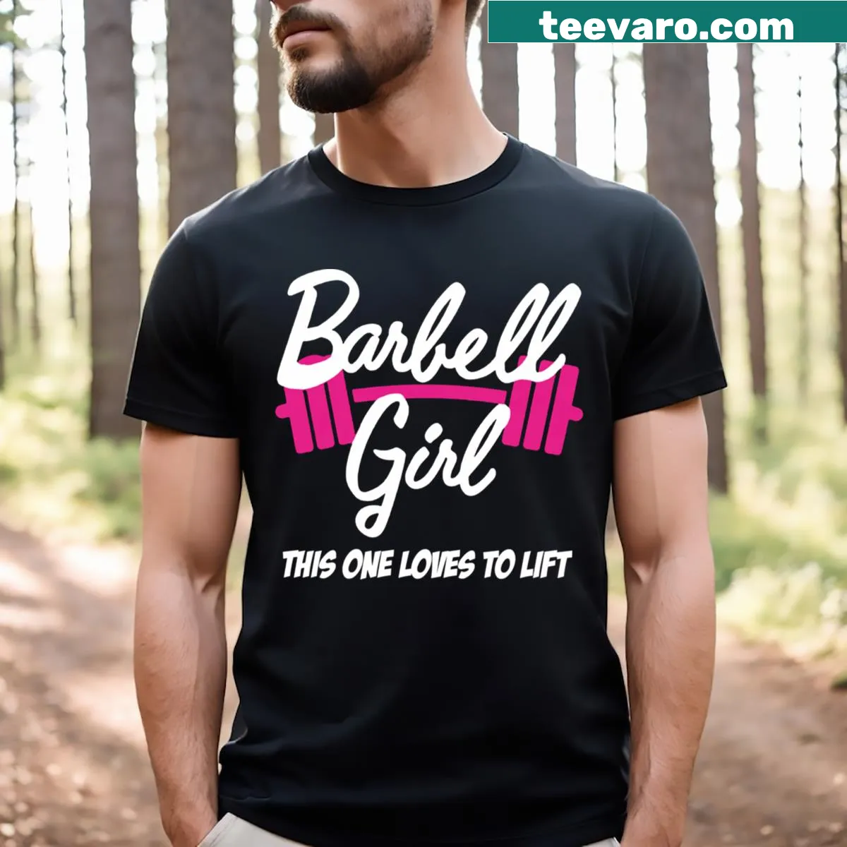 Bold Barbell Girl t-shirt featuring strong typography — on a men's t-shirt