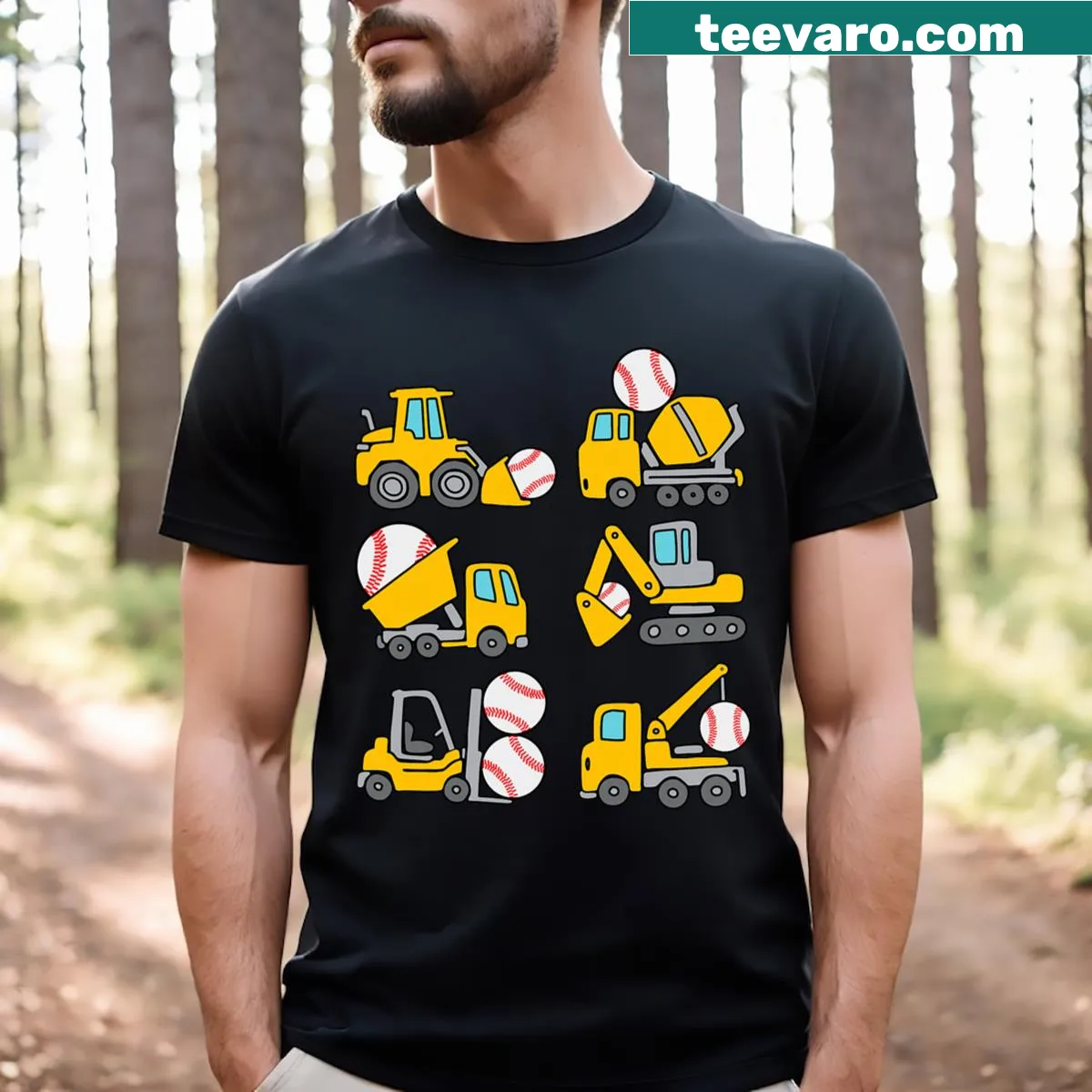 Cartoon graphic of construction trucks and diggers on a kids' T-shirt — on a men's t-shirt