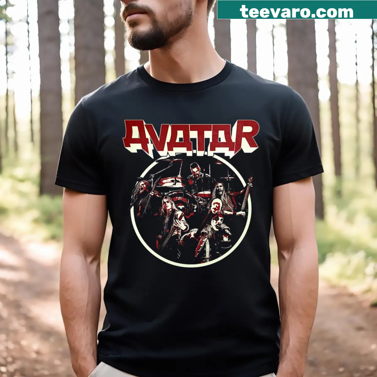 Artistic Avatar band t-shirt featuring bold imagery and intricate details — on a men's t-shirt
