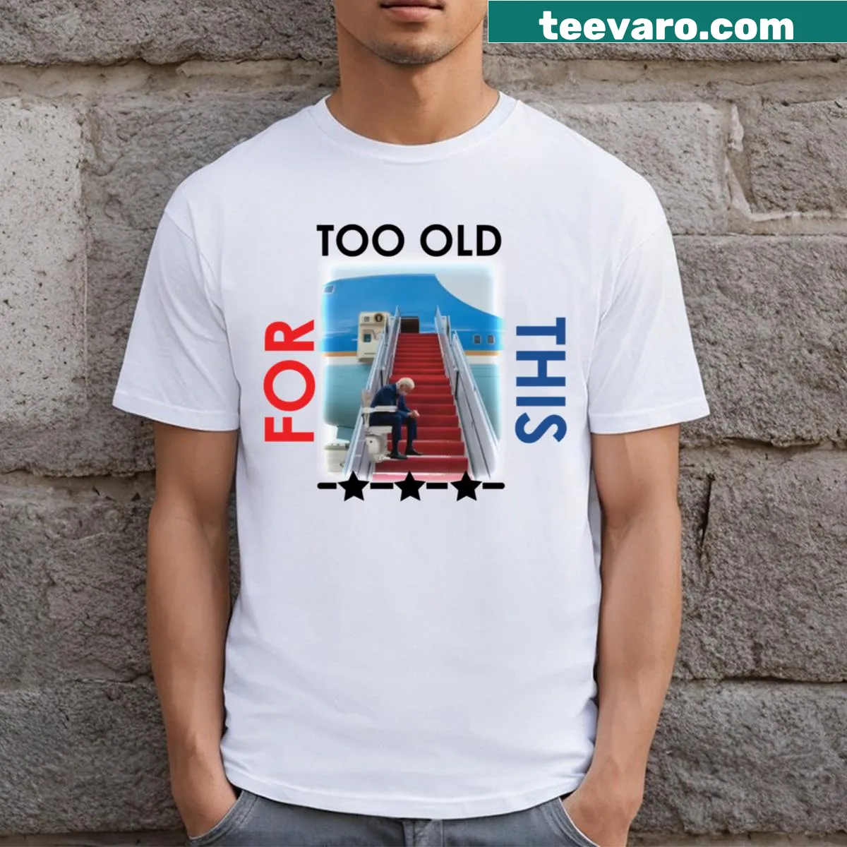 Funny Biden t-shirt featuring graphic of Biden on a stair lift — on a men's t-shirt
