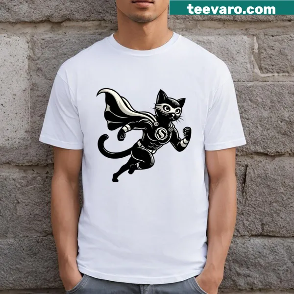Illustrated t-shirt featuring a superhero black cat design
