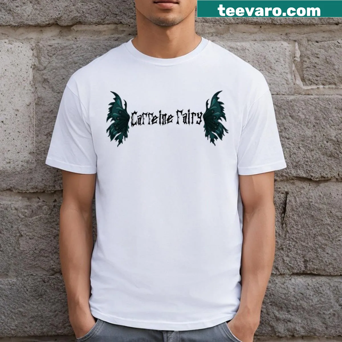 Whimsical t-shirt featuring a caffeine fairy design — on a men's t-shirt