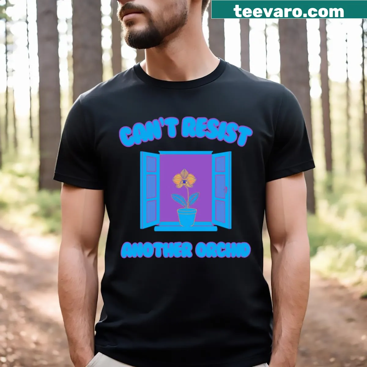 T-shirt with elegant orchid design and typography — on a men's t-shirt