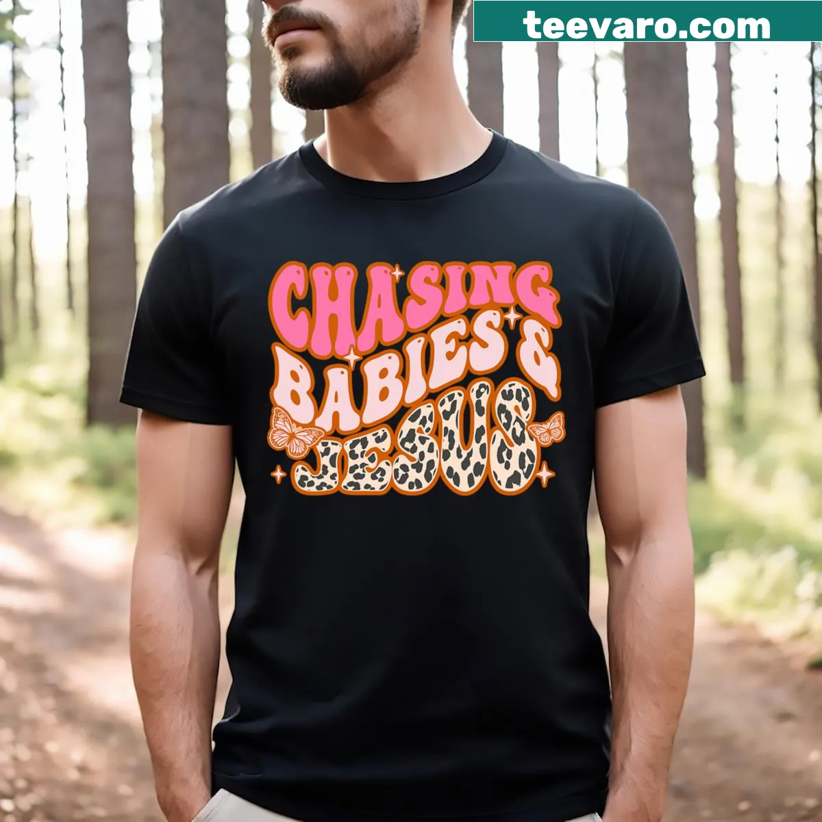 Groovy leopard design T-shirt with faith-based message — on a men's t-shirt