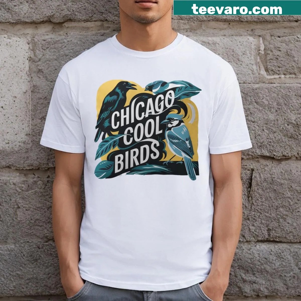 Playful illustrated birds on Chicago t-shirt for kids — on a men's t-shirt