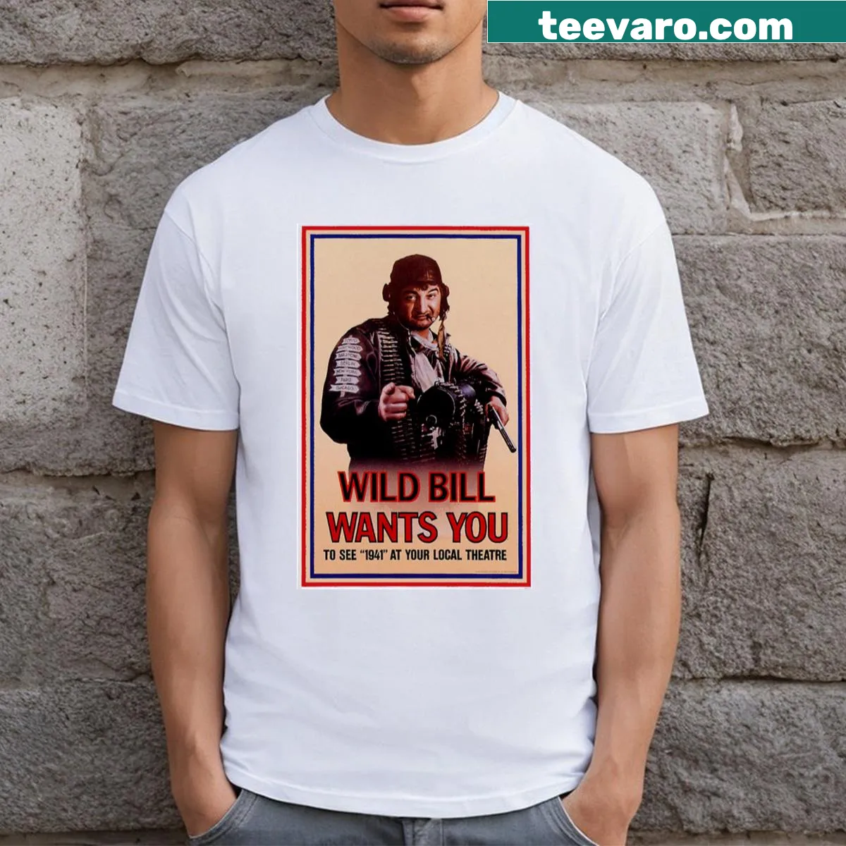 1941 classic comedy movie poster T-shirt with detailed illustration — on a men's t-shirt