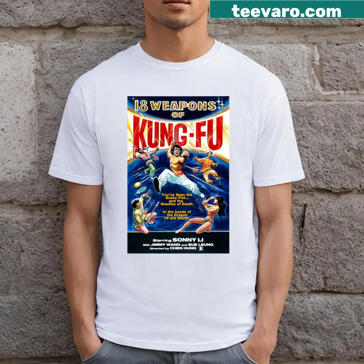 Classic Kung Fu movie poster T-shirt featuring 18 weapons illustration — on a men's t-shirt