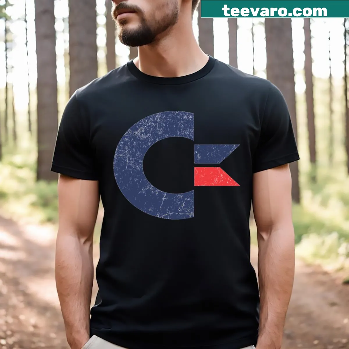 Vintage-style T-shirt featuring a travel-themed Commodore International design. — on a men's t-shirt