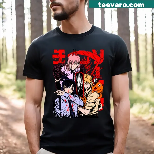Cartoon-style t-shirt featuring a trio of popular anime characters