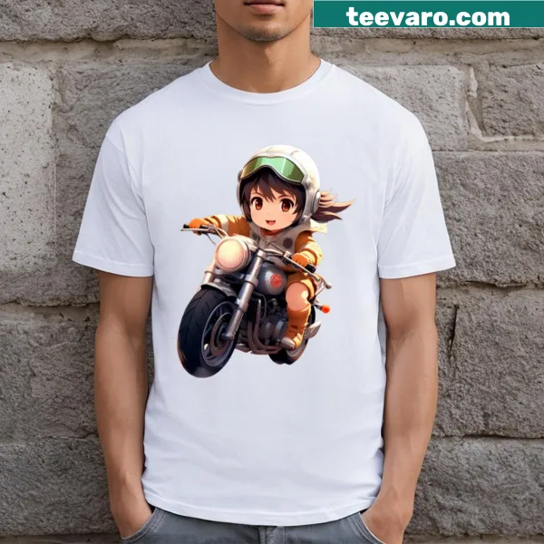 Cute anime girl riding a bike T-shirt with playful illustration.