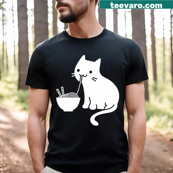 Illustration of a cute cat eating ramen on a T-shirt