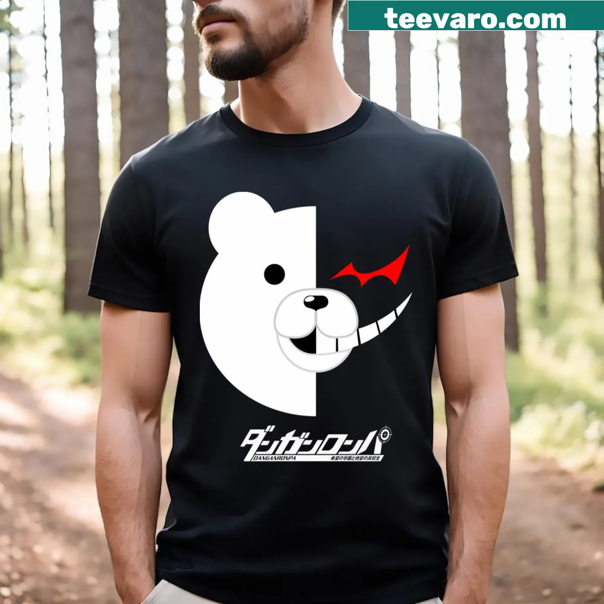 Danganronpa T-shirt featuring Monokuma character design. — on a men's t-shirt
