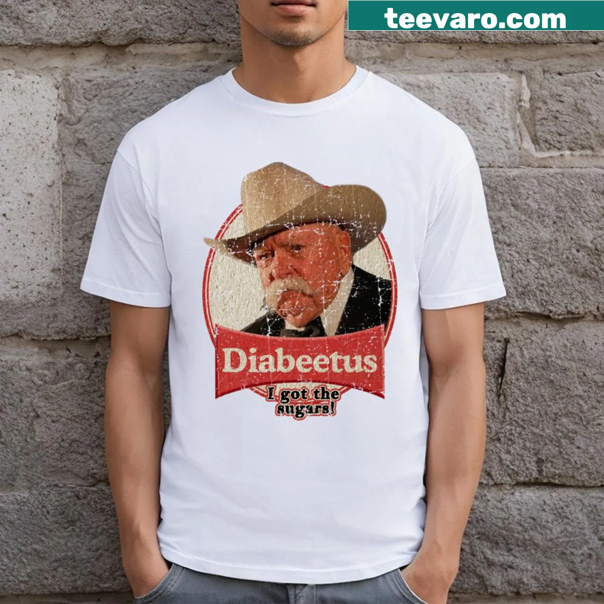 Funny Diabeetus I Get The Sugars t-shirt with bold text — on a men's t-shirt