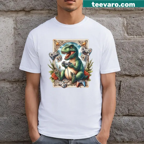 Dinosaur graphic playing video games on a t-shirt